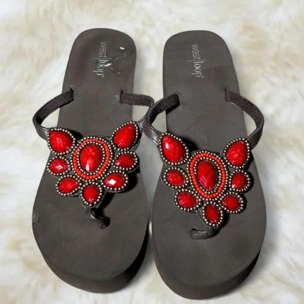 West Loop Wedge Flip Flops Brown Red Embellished Floral Y2K 2000s Size 7/8